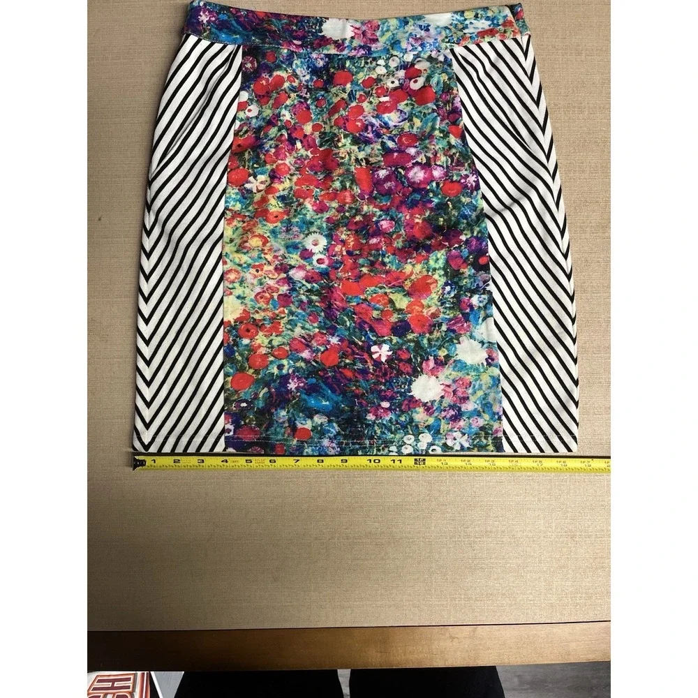 Tabitha Floral Art Deco Color Block Striped High Rise Business Casual Skirt 0 - Picture 7 of 8